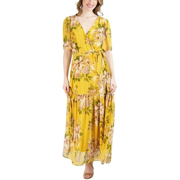 Donna Ricco | Dresses | Donna Ricco Womens Yellow Floral Printed Long ...